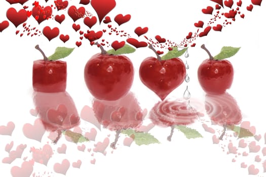 four red apples of various shapes on a white background with rain drops and love hearts