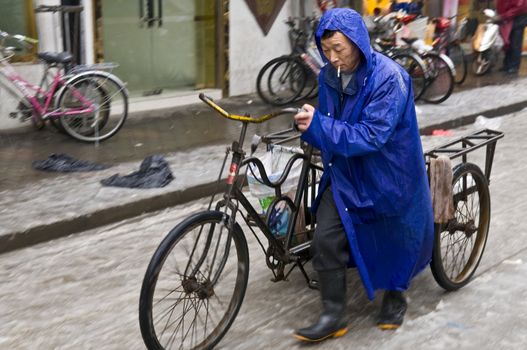 Chinese street in shanghai in snowy day