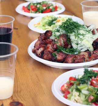 meal, food, shish, kebab, meat, wine, vegetables, all, sorts, ornament, salad, onion, laying, dish, table, variety