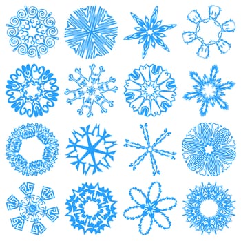 Set of simulated snowflakes (16 pieces) - on a white background