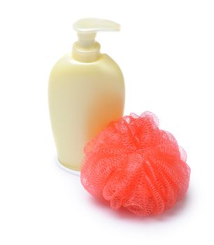 wisp and bottle of liquid soap. It is isolated on a white background