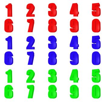 Set render number. Red, green, blue color. Isolated on white