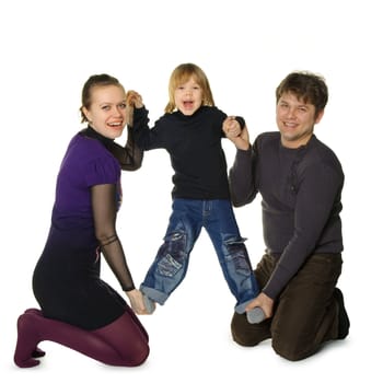 Happy family. Mum and the daddy hold the son in hands. It is isolated on a white background