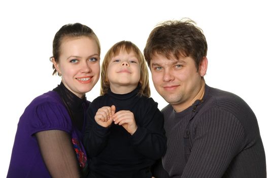 Happy family mum, the daddy, the son. It is isolated on a white background