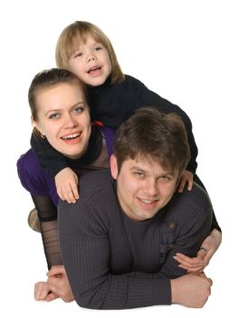 Happy family mum, the daddy, the son. It is isolated on a white background