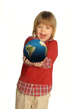 The little boy with the globe. It is isolated on a white background