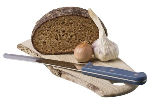 brown bread on shelf with onion and garlic isolated on white background