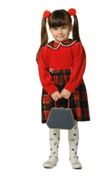 The little girl in a red dress. It is isolated on a white background