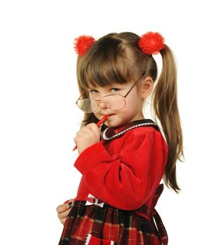 The little girl in big glasses and with pen. It is isolated on a white background