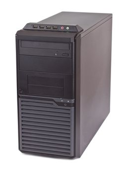 Desktop Cpomuter with DVD drive and front side USB connectors on white background.