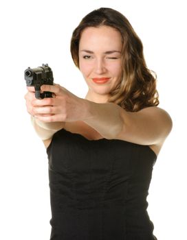 The woman with a pistol. It is isolated on a white background