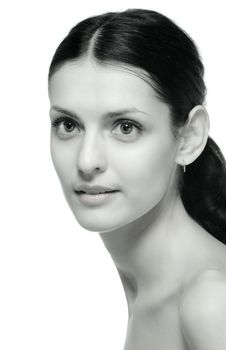 The sexual girl. A monochrome portrait closeup. It is isolated on a white background
