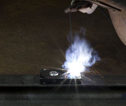 welding on a hard drive with welding shield