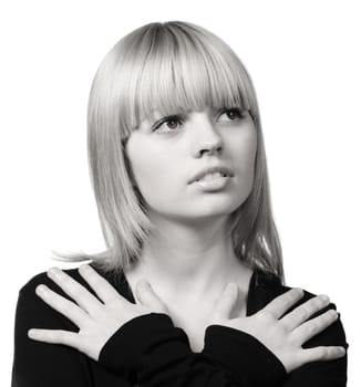 The girl with hair of "wheaten" color. It is isolated on a white background