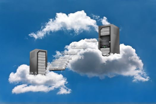 A Virtual Machine moves from a cloud Server Rack to the other