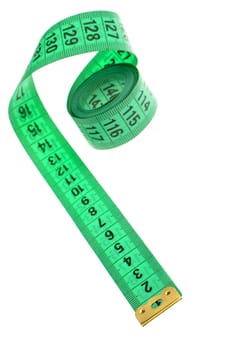 Measuring tape of the tailor green color. It is isolated on a white background