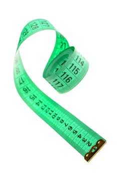 Measuring tape of the tailor green color. It is isolated on a white background