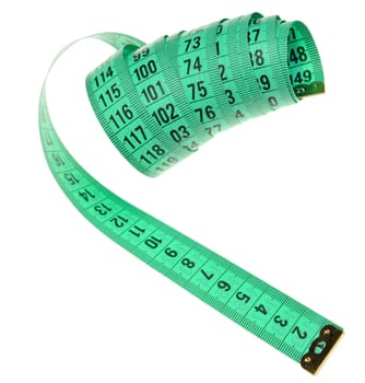 Measuring tape of the tailor green color. It is isolated on a white background