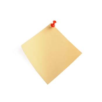 yellow paper note with shadow. It is attached red pin on a white background