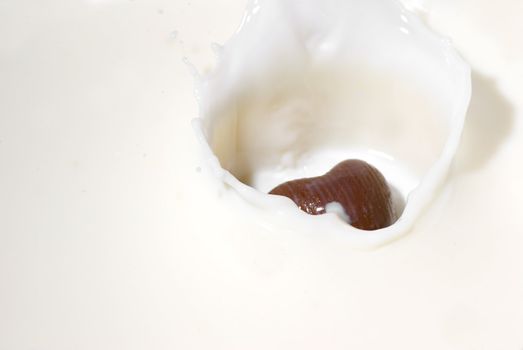 Chocolate heart and milk. Splash in a falling sweet in milk