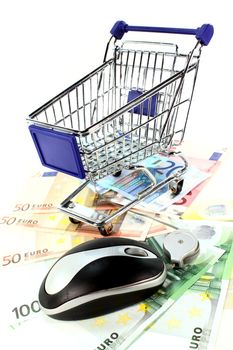 Shopping Cart and Euro notes on a white background