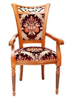 Beautiful wooden chair with expensive drapes from velvet fabrics on white background