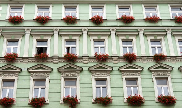 Facade of the green building and red flowerses on window