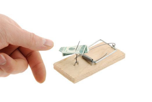 Mousetrap with dollar and hand. The adaptation for catching mice and other fine rodents