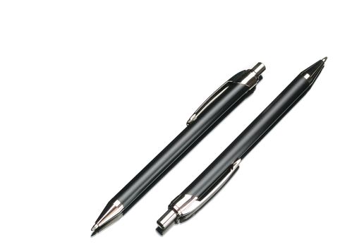 Pen. A set of black ball pens on a light background