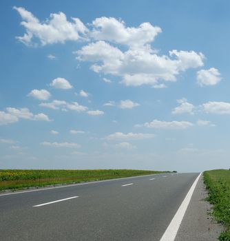 Asphalt road. A transport highway with the blue sky. A transport highway with the blue sky