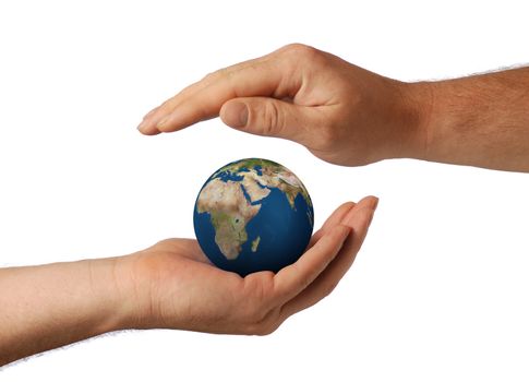 Planet the earth in human hands. Concept about preservation of the environment