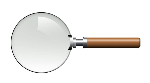 Magnifier. The isolated magnifier on a white background with the wooden handle