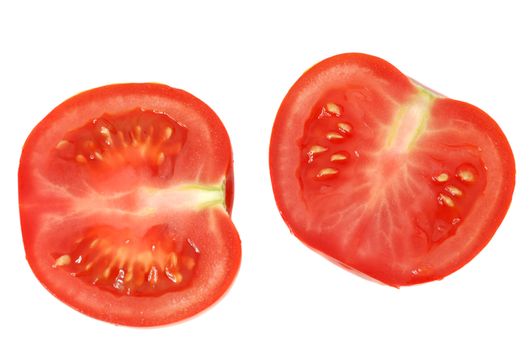 cut tomato. A ripe vegetable with drops of dew.
