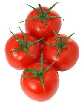 Tomato. A ripe vegetable with drops of dew.
