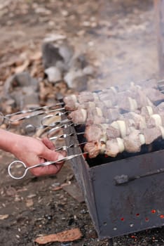 Shish kebab. roast meat on skewers on open fire. A national Caucasian dish