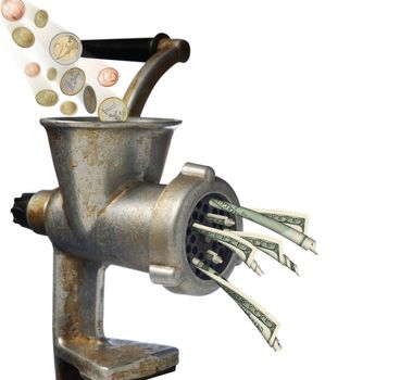 Euro and dollars. Transformation of euro into dollars on an old meat grinder