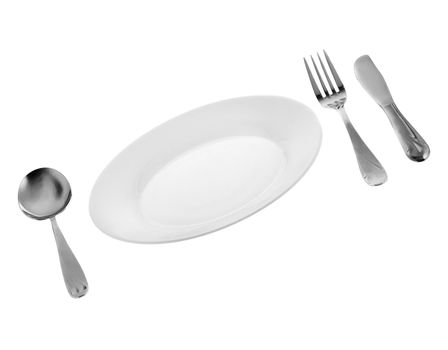 Set of kitchen object. The spoon, a plug, a knife, a plate. Separately on a white background.