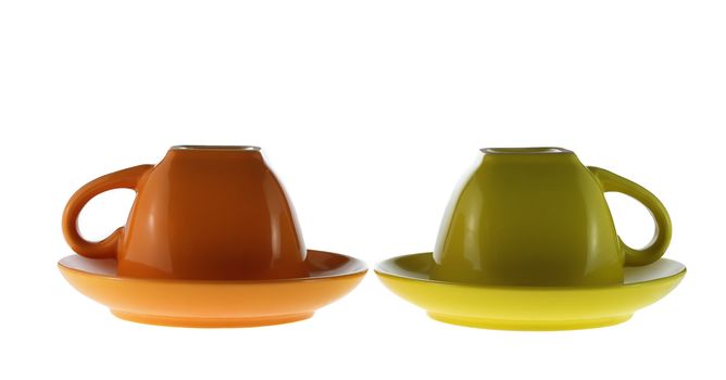 Color cups. Ceramic service from color cups