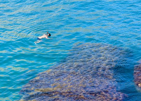 The diver - the man at pure purple ocean among seaweed