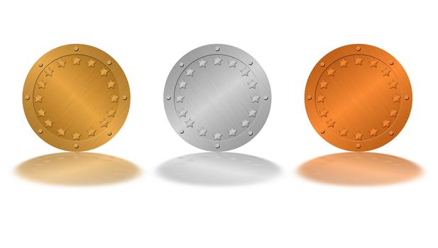 Medals (medallions) isolated on a white background. Gold, silver, bronze - with elements of stars on a circle and rivets of similar metal