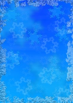 Christmas background with an ice fringing and volumetric snowflakes