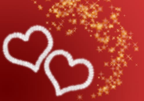 Two hearts from white fur on a red background with addition celebratory light of asterisks