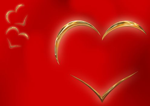 Outlines of the chromeplated gold heart on a red background with effect of a luminescence.
