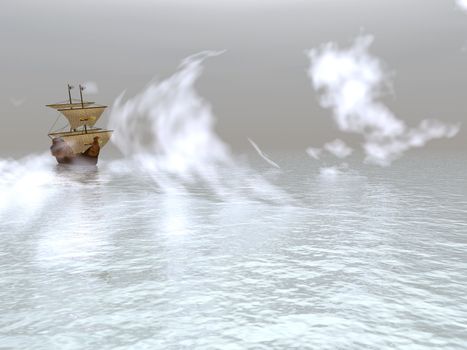 Sailing vessel floating in a dense fog (the ancient ship)