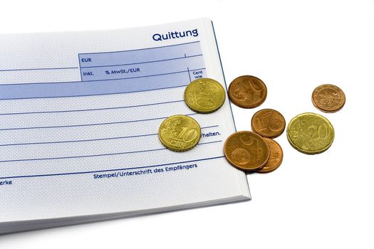 receipt with euro coins on white Background. Different Coins. Blue standard geman receipt (german quittung)