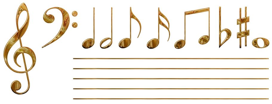 Set of all musical notes(isolated) with visual effects(gold)