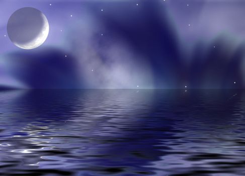 Moonlight night with elements of the polar lights and the star sky with reflection in water
