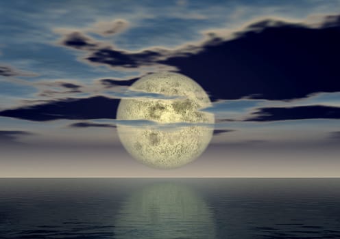 The full moon above ocean covered by small clouds