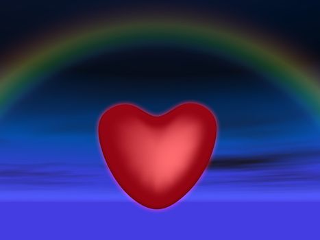 shining heart on a background of the sated dark blue sky and a rainbow