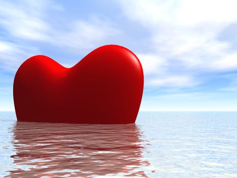 3D heart floating at quiet ocean in good weather